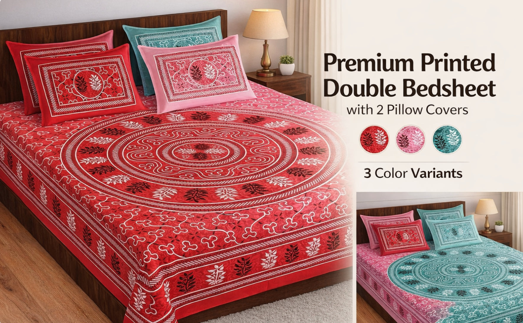 Rajasthani 100% Jaipuri Cotton Double Bedsheet with 2 Pillow Covers | Ethnic Mandala Print | Soft & Breathable | 3 Colors